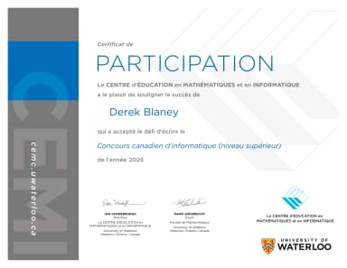 Canadian Computing Competition certificate